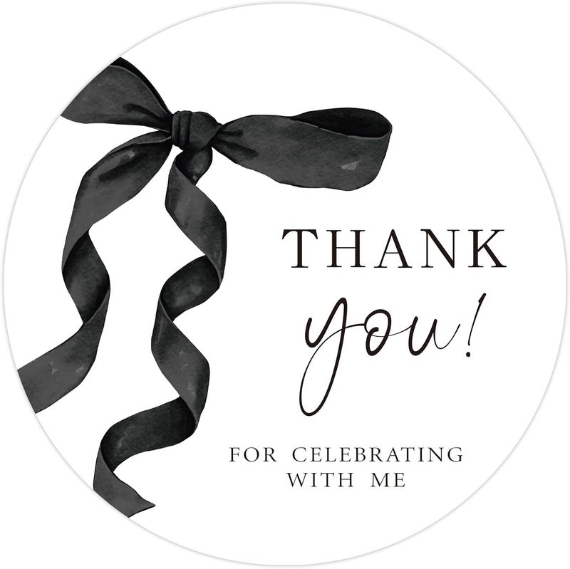 Whaline 100Pcs Bow Party Thank You Stickers 2 Inch Coquette Black Ribbon Bowknot Adhesive Seal Stickers Elegant Round Label Decals for Birthday Baby Bridal Shower Anniversary Bachelorette Party - Image 1